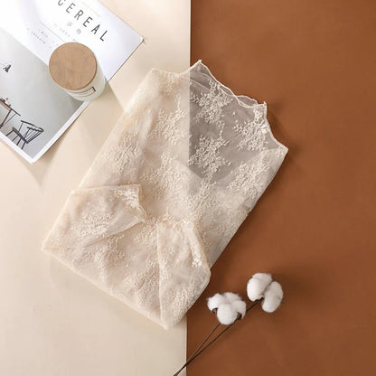 New Women Floral Lace Shirt Spring Autumn Long Sleeve Sexy Mesh Bottoming Shirts Mock Neck Blouse T-Shirt Pullover Top
