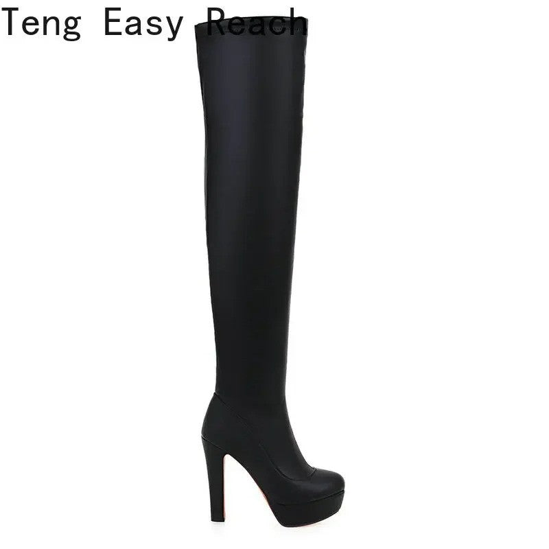 White Platform Women Boots Stertch Pu Leather Over The Knee Boots Fashion Square High Heel Long Boots Autumn Winter Zip Shoes