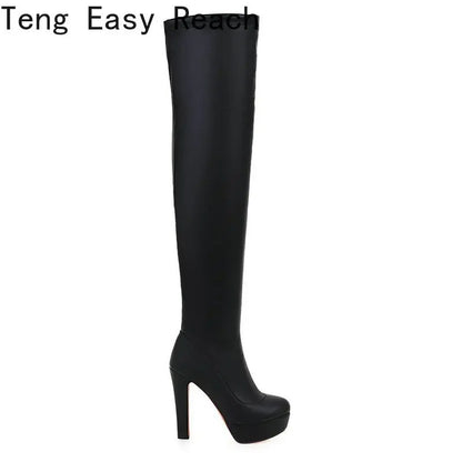 White Platform Women Boots Stertch Pu Leather Over The Knee Boots Fashion Square High Heel Long Boots Autumn Winter Zip Shoes