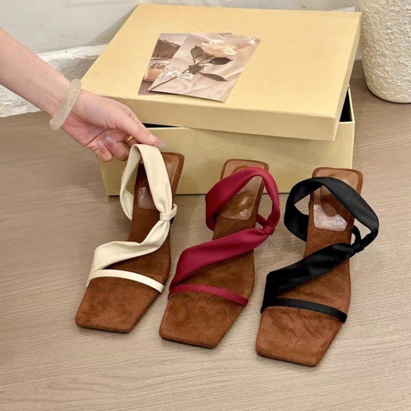 French High Heel Sandals Women's 2025 New Super Popular Design Sensation Single Strap Square Head Toe Exposure Thin Heel Sandals