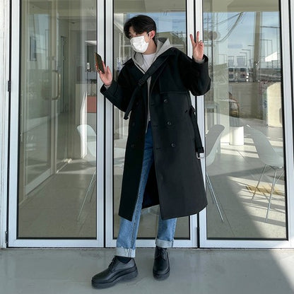 Winter Thick Woolen Coat Men Warm Fashion Solid Colors Oversized Long Wool Blends Coat Men Korean Loose Coat Mens Overcoat Q30