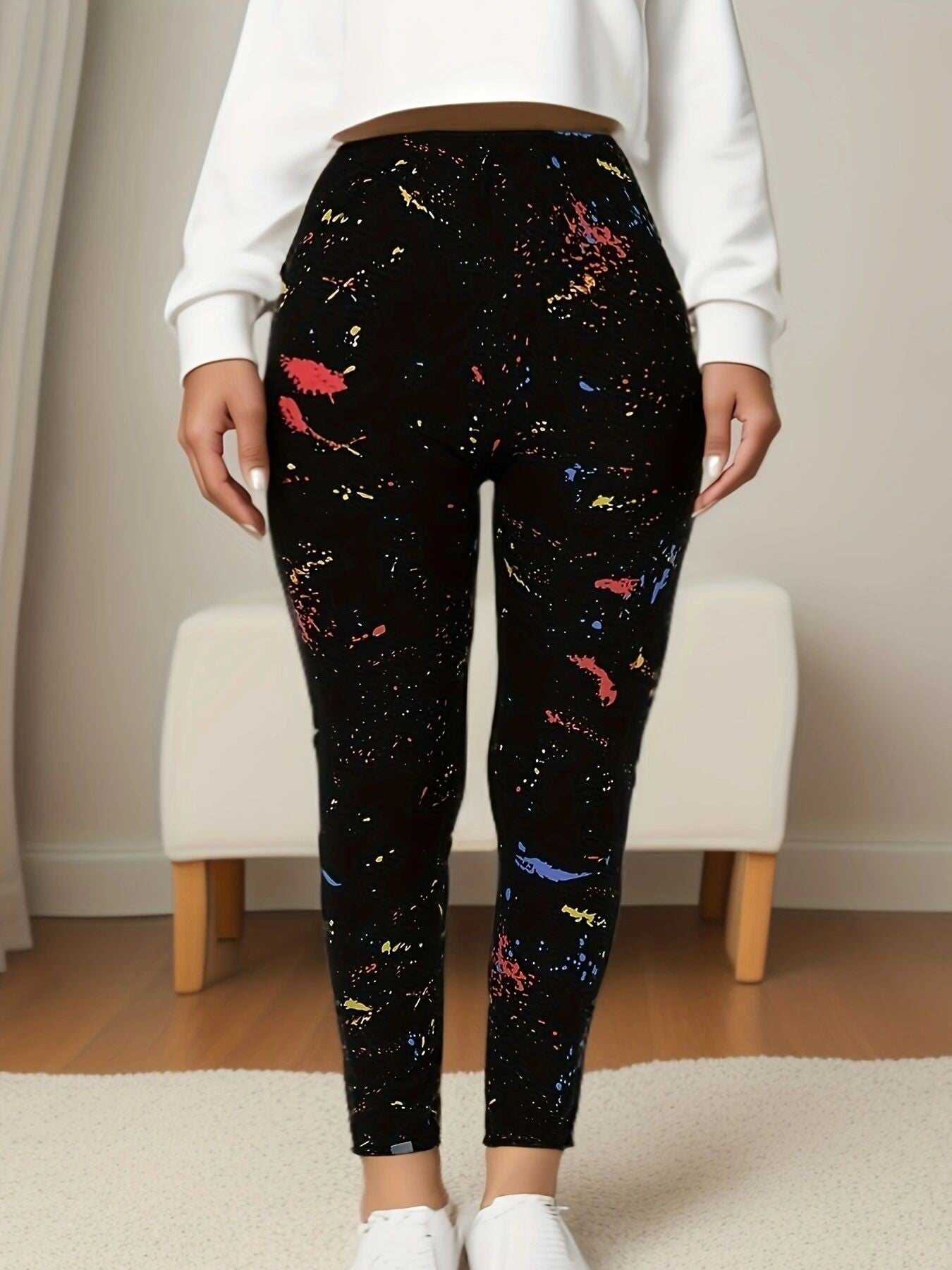 CUHAKCI Black Inkjet Plus Size Sports Tight Women's Leggings High Elasticity Casual Fitness And Ankle Nine Point Pants