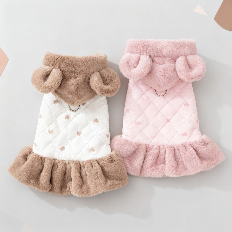 Casaco de Inverno Quente para Cães Vestido Fofo Roupas Macias para Cães Moda Algodão Casaco de Cachorro com Estampa de Coração Casaco para Gatos Bichon Fantasia para Pets