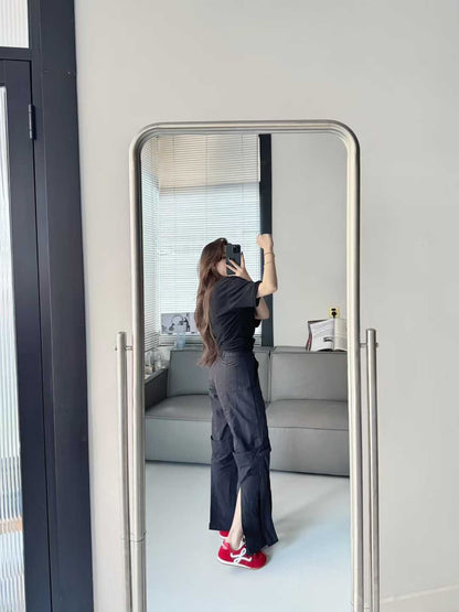 Sports Wide Leg Cargo Pants Women Elastic Waist Loose Solid Color Workwear Pants High Waist Fitness Women's Trousers Sportswear