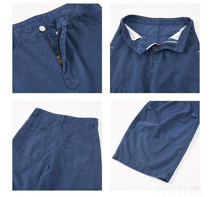 KSTUN 2025 Men Washed Vintage Cargo Pants 100% Cotton Loose Fit Oversize Multi-Pockets Trousers Blue Male Casual Scimitar Pants