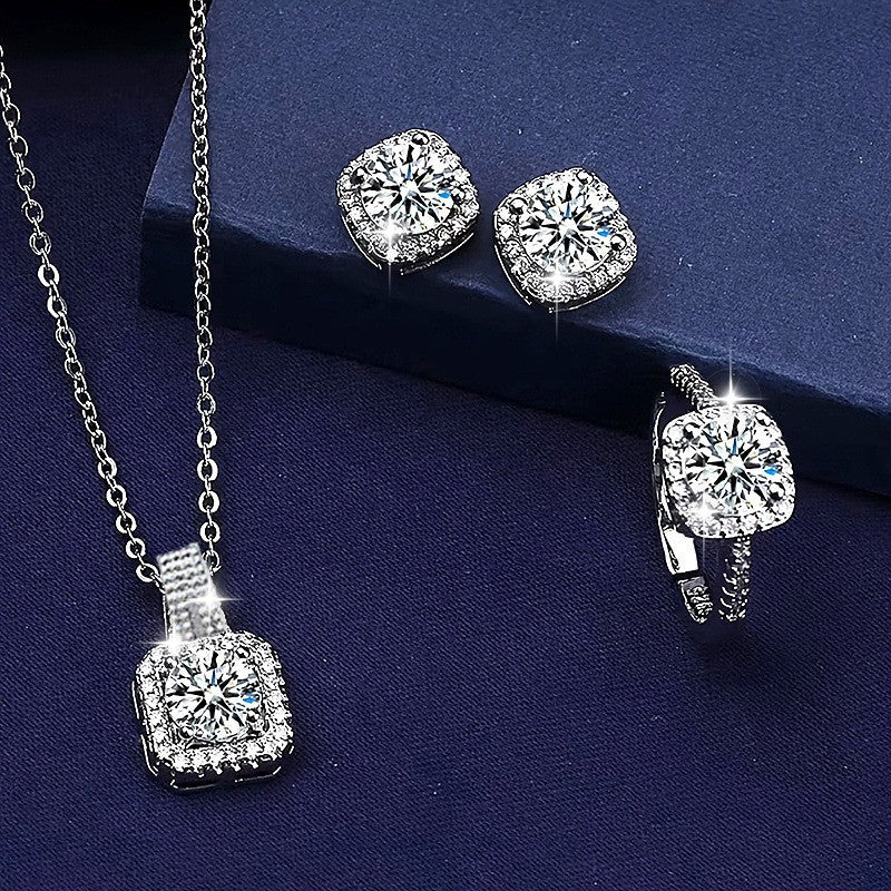 Conjunto 3 Peças Marca Luxo Brilhante Geométrico Quadrado Zircão Colar Brincos Anéis para Mulheres Conjunto Joias de Moda Charmoso Presente de Aniversário