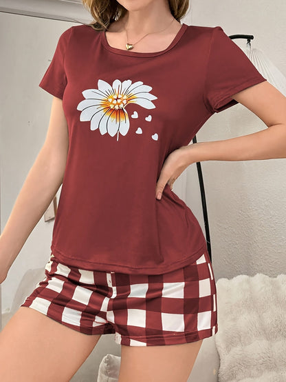 2-Piece Set of Women's Pajamas for All Seasons, Spring and Summer, Elegant Floral Print Shorts and Short-Sleeved Pajamas Set