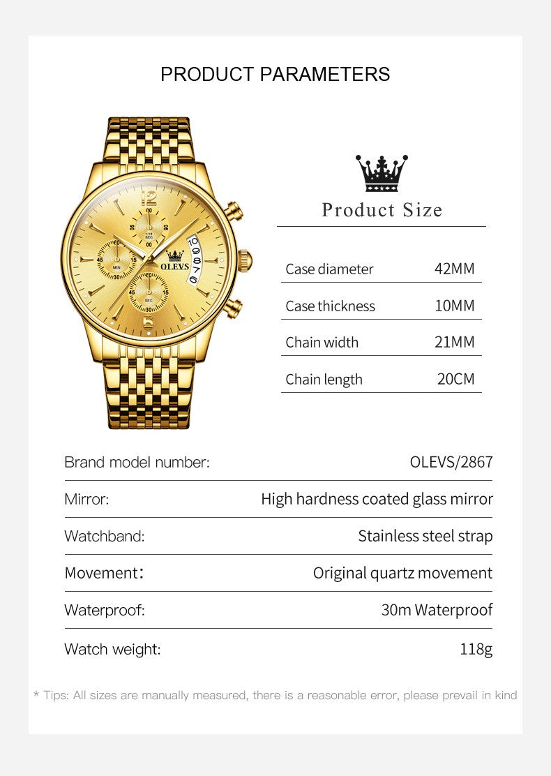 OLESV Marca Oficial Autêntica Relógios Masculinos Grande Mostrador Fino À Prova D'Água Relógio de Quartzo para homens Cronômetro data aço inoxidável Original