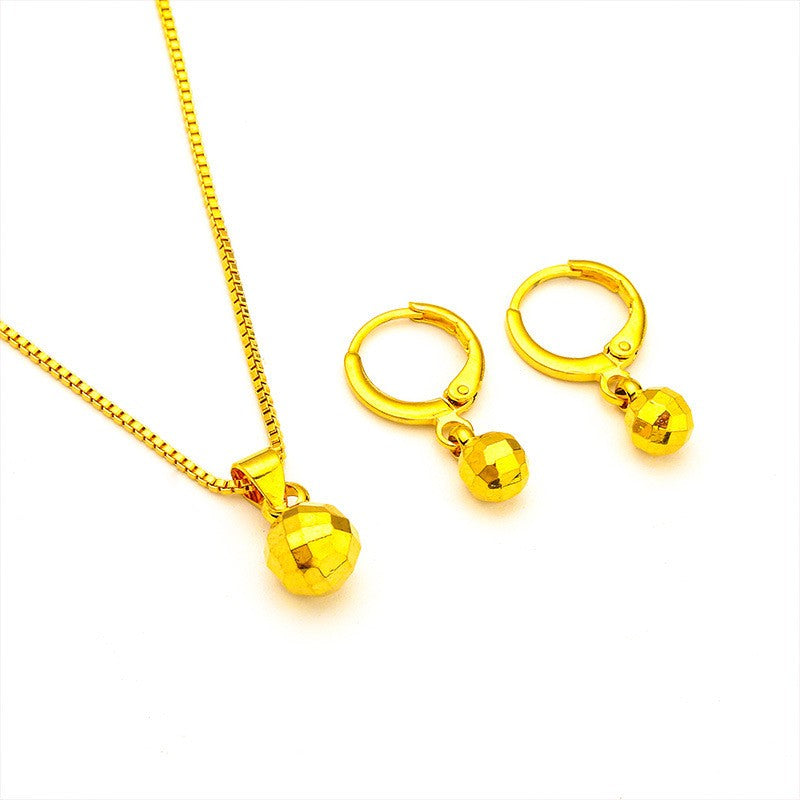 24K Gold AU999 Women's Thin Bead Earrings-Necklace Set-Polished Gold Beads in Arc, Thin Chain Flattering, Luxury Daily Versatile
