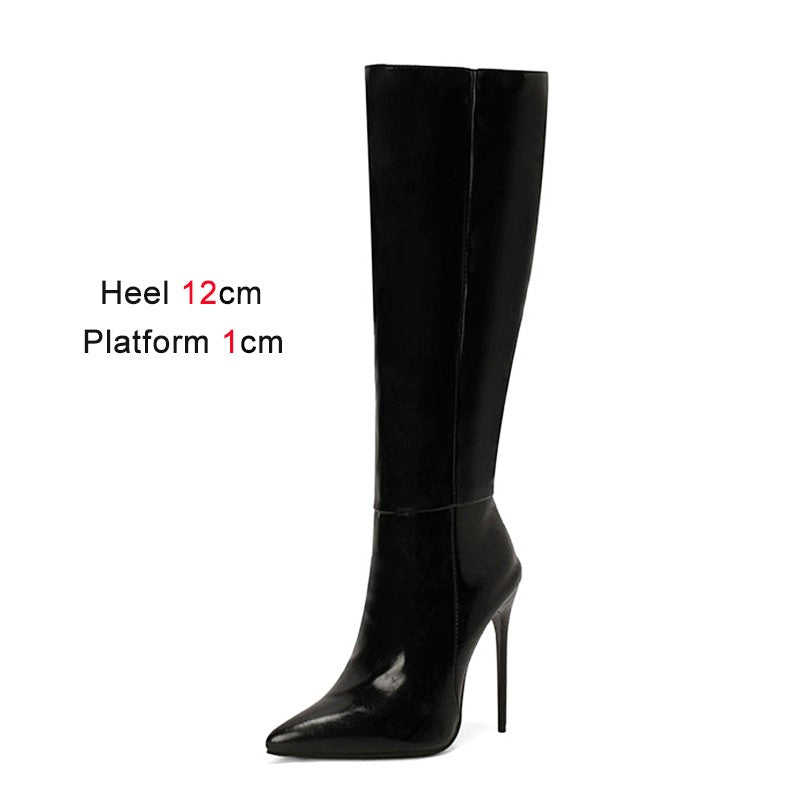 2023 Winter New Fashion Long Boots Comfortable Plush Women Warm High Heels 12CM Side Zipper Pointed Models Shoes Mujer Plus Size
