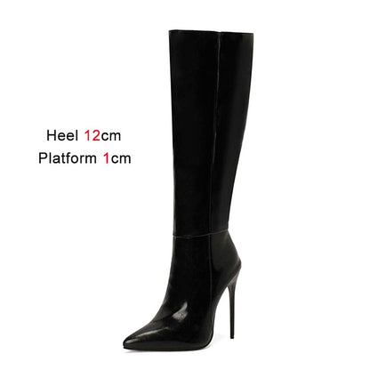 2023 Winter New Fashion Long Boots Comfortable Plush Women Warm High Heels 12CM Side Zipper Pointed Models Shoes Mujer Plus Size