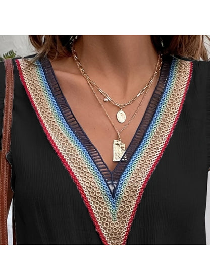 New Women's FashionWomen's V-neck Lace Pleated Sleeves Fashionable Casual Shirt Tops Ladies Casual Commuting Shirt