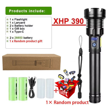 High Power Led Flashlight XHP390 High Lumen 10000000 Rechargeable Most Strong Light Lamp Tactical Lantern Camping Outdoor Torch