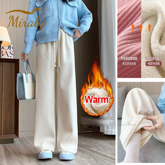 2025 New Winter Warm Thicken Fleece Wide Leg Pants Women Baggy Joggers Trousers Straight Casual Sweatpants Fashion Y2K Clothing