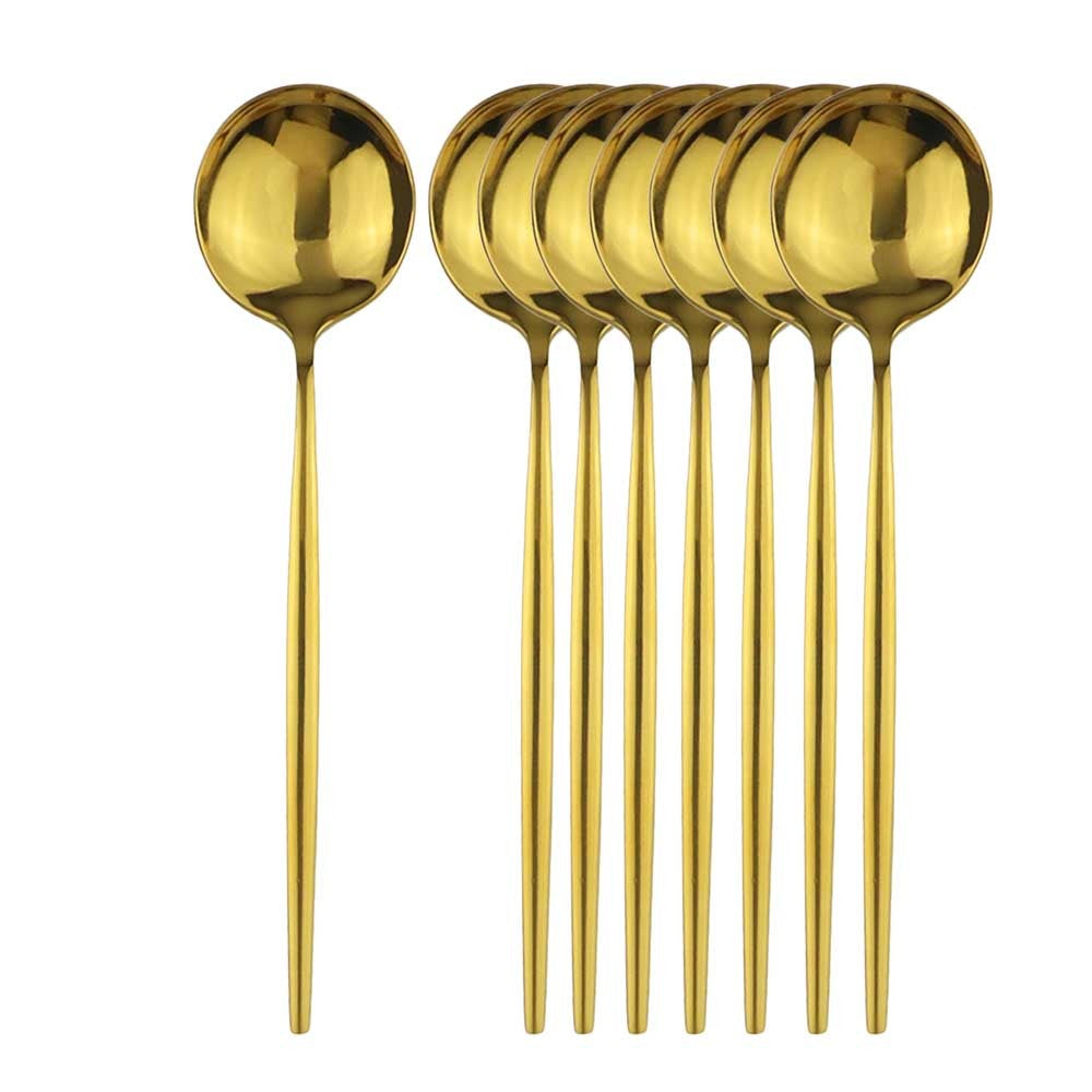 8 colheres de mesa de jantar, talheres de aço inoxidável, prateado, talheres dourados, utensílios de cozinha, talheres pretos.