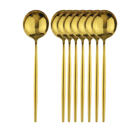8 colheres de mesa de jantar, talheres de aço inoxidável, prateado, talheres dourados, utensílios de cozinha, talheres pretos.