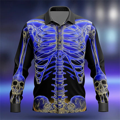 Men's Skull Day of the Dead Rose Shirt Casual Formal Button Shirt Long Sleeve Dark Punk Gothic Style Holiday Lapel Shirt White