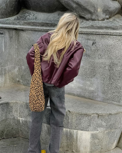 Jaqueta Feminina de Couro Sintético Vermelho Vinho Vintage, Casaco Moderno com Zíper e Lapela, Casacos de Outono Inverno, Blusas Curtas Femininas Estilo Streetwear