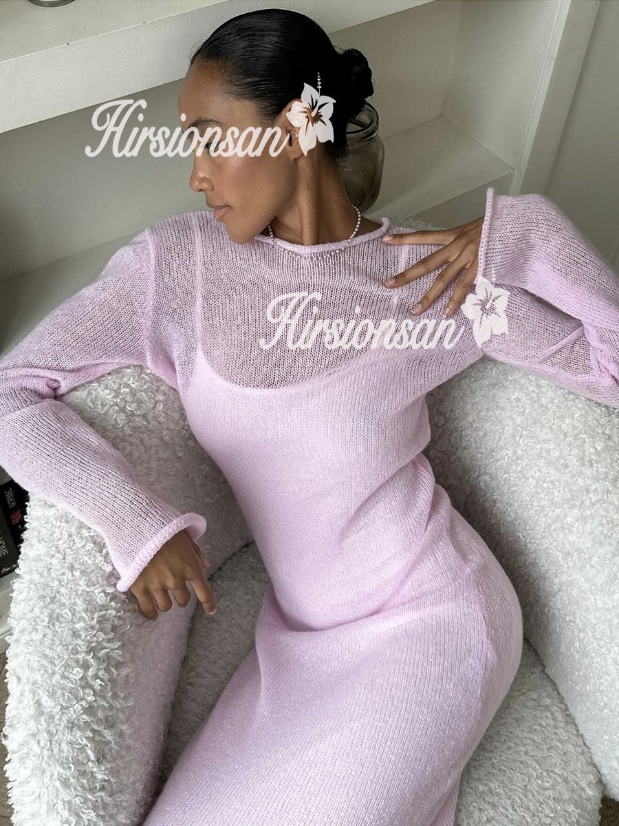 Hirsionsan Spring Autumn O-Neck Elastic Knit Long Dresses Women 2024 Elegant Chi