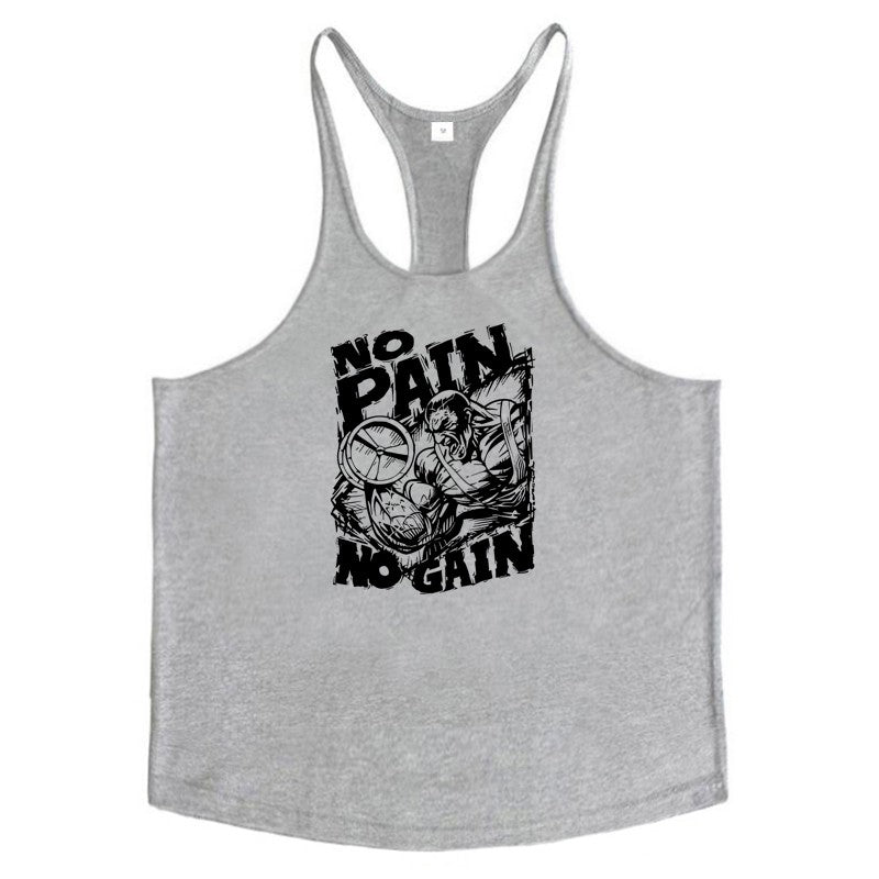 NO PAIN NO GAIN Print Gym Fitness T-Shirt Mens Bodybuilding Sport Sleeveless Vests Cotton Breathable Y-back Suspenders Tank Tops