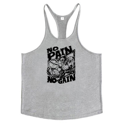 NO PAIN NO GAIN Print Gym Fitness T-Shirt Mens Bodybuilding Sport Sleeveless Vests Cotton Breathable Y-back Suspenders Tank Tops