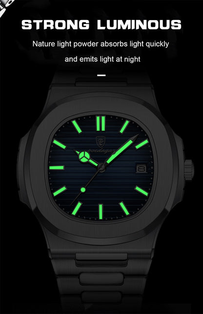 Relógio Masculino de Luxo POEDAGAR 50 ATM À Prova D'água Relógio Masculino Luminoso Data Aço Inoxidável Quadrado Quartzo Relógios Masculinos reloj hombre