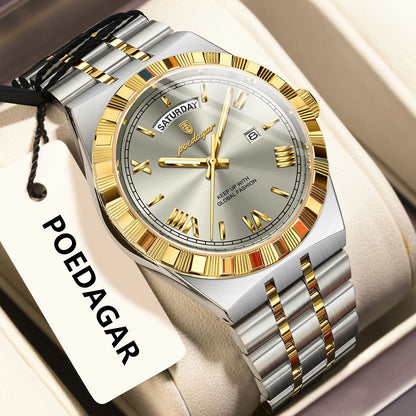POEDAGAR Luxury Business Man Watch Week Date Waterproof Luminous Watches For Men Stainless Steel Quartz Fashion Men's Wristwatch
