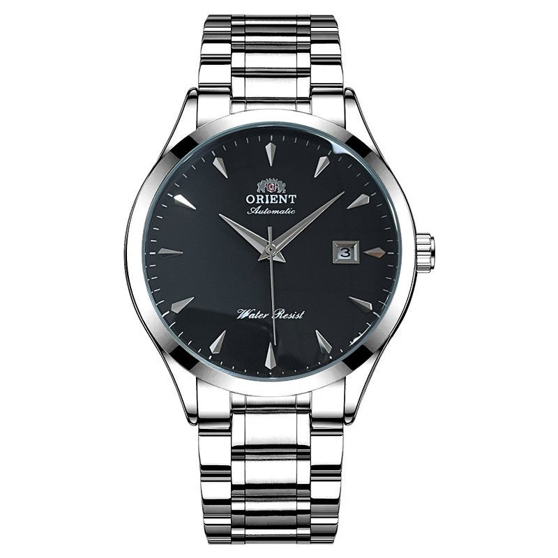 Orient Automático Masculino, Mostrador Preto, Pulseira de Aço Inoxidável, Relógio de Pulso Clássico de Negócios Resistente à Água com Exibição de Data