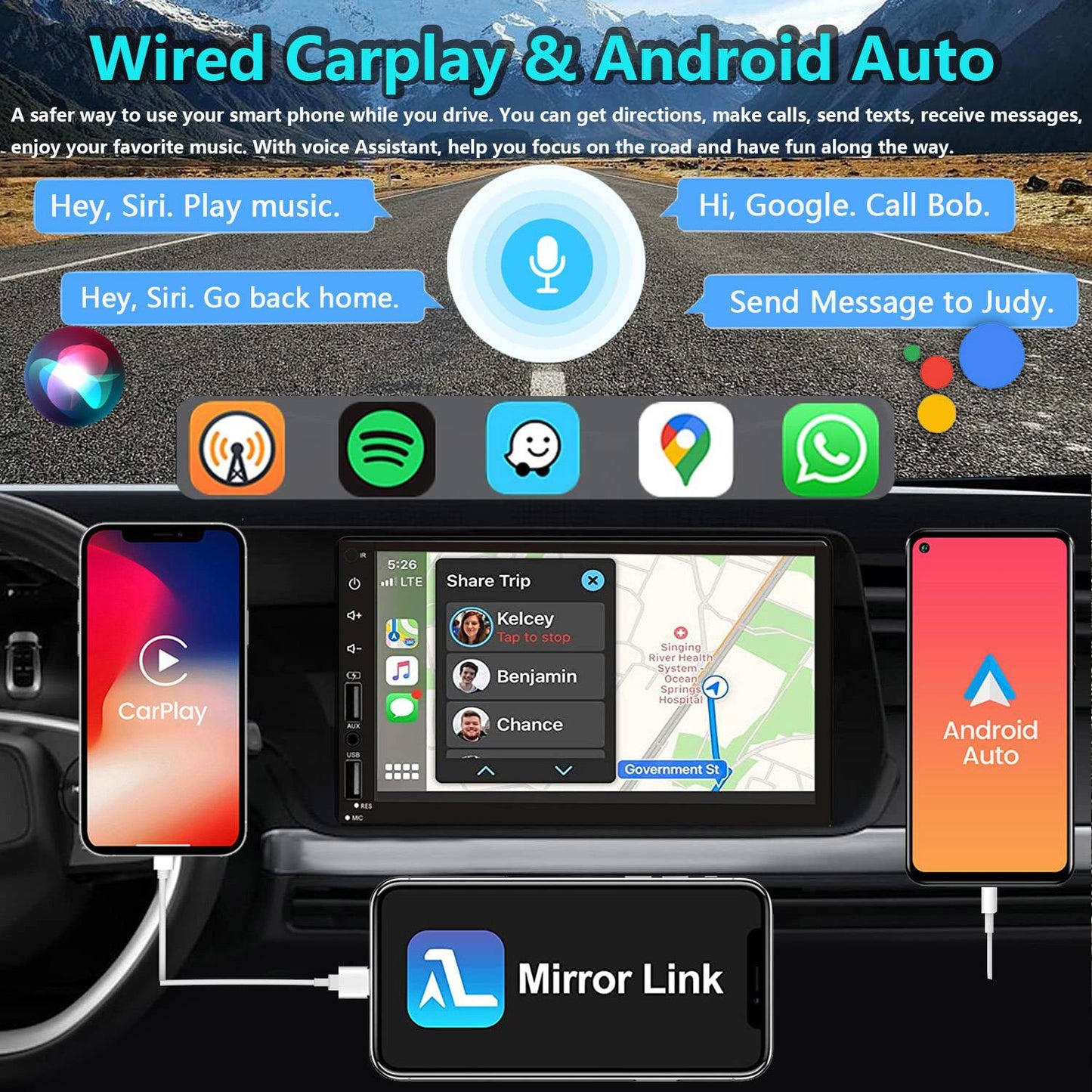 Leadfan 7 polegadas Tela Touchscreen Som Automotivo 2 Din CarPlay Android Auto Player de Vídeo para Carro com Câmera de Painel e Câmera de Ré BT FM 2USB