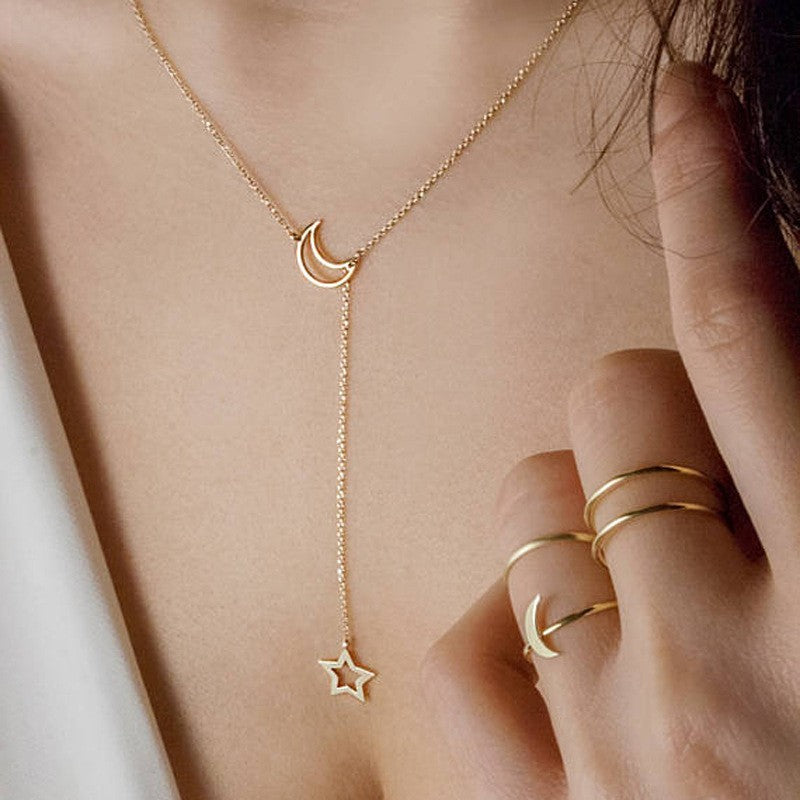 Novo Colar Gargantilha com Pingente de Lua e Estrela Simples, Corrente com Pingente de Liga Dourada Simples, Colares para Mulheres, Joias para Festa