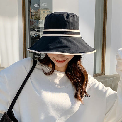 Women Summer Wide Brim Striped Bucket Hat Soft Cotton Fordable Panama Cap For Lady Outdoor Solid Color JK Beach Tour Basin Hat
