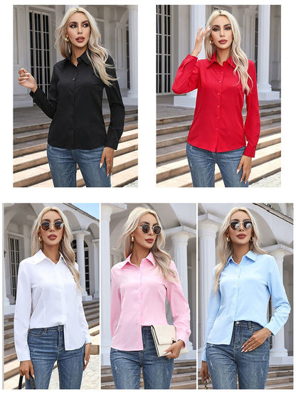 1pcs Woman Spring Autumn Solid color Shirts Lady Casual Long Sleeve Turn-down Collar Loose Shirt Female Fashion Temperament Tops