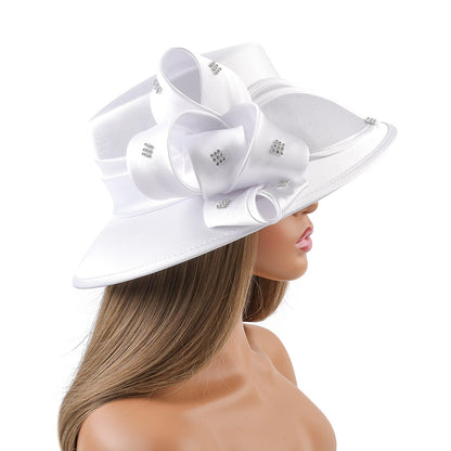 Deluxe New White Church Hat Party Banquet Satin Cloth Photography Hats Premium Chains Formal Hat Flower Top Cap For Women Ladies