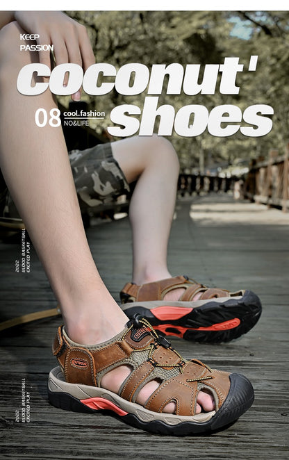 Summer Men's Sandals Classic Genuine Leather Sandals Fashion Outdoor Hiking Shoes Light  Breathable Non-slip Sneakers 38-48