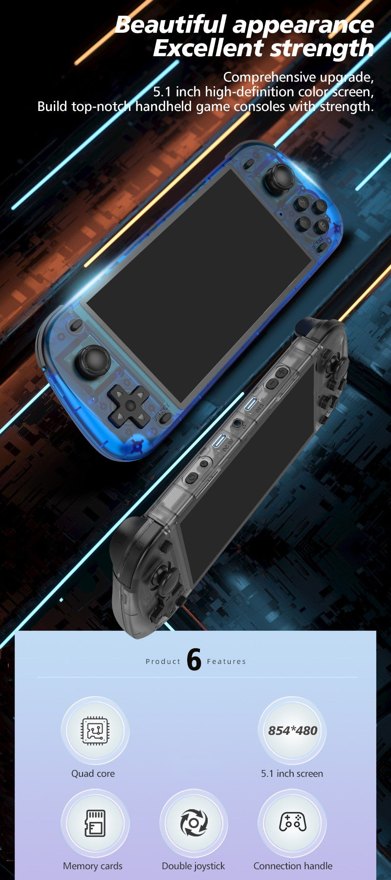 5.1 Inch R50S Retro Handheld Game Console 854*480 Large Screen Linux System Portable Pocket Video Game Player Boy Gifts