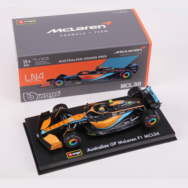 Burago 1:43 2022 McLaren MCL36 F1 Carro de Corrida N.º 3 N.º 4 Modelo de Carro em Liga
