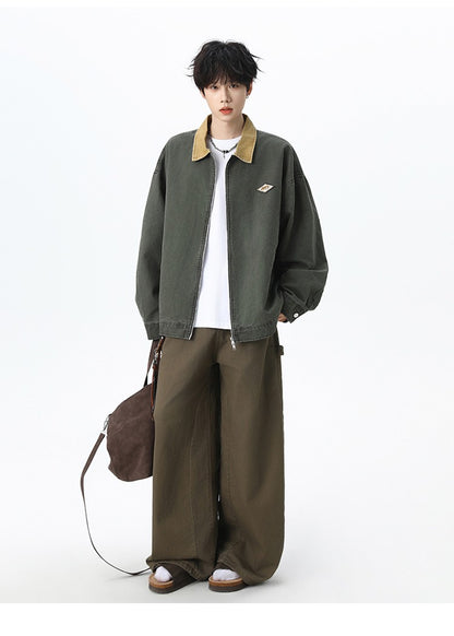 Maxbarley Trendy Cotton Jacket Men Autumn 2025 Hip-Hop Stitching Windproof Lapel Jackets K-Pop Antique Washed Motorcycle Coat