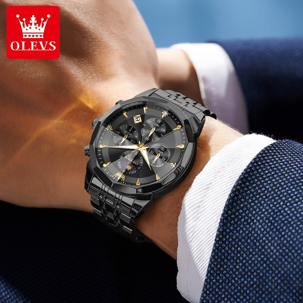 OLEVS Original Fashion Moon Phase Men's Watches Waterproof Chronograph Quartz Watch Stainless steel Calendar Brand Wristwatch