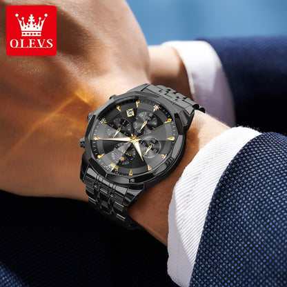 OLEVS Original Fashion Moon Phase Men's Watches Waterproof Chronograph Quartz Watch Stainless steel Calendar Brand Wristwatch