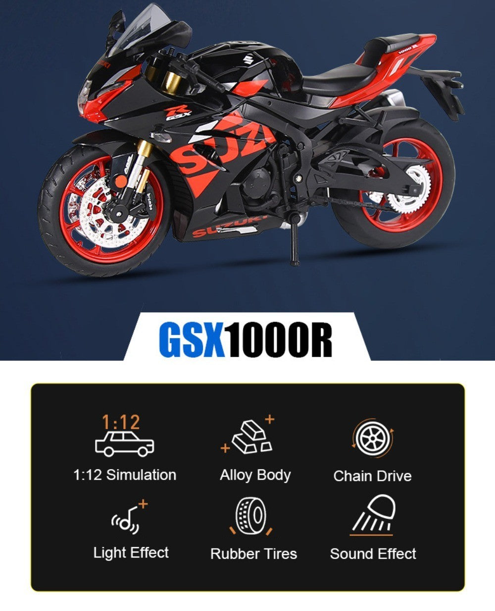 1:12 Suzuki GSX1000R R1250GS Liga Diecast Brinquedos Modelos de Motocicletas Carro com Luz Absorção de Choque Miniatura Moto Meninos Presentes