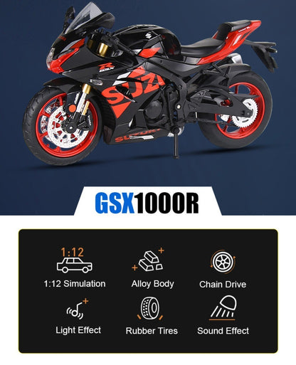 1:12 Suzuki GSX1000R R1250GS Liga Diecast Brinquedos Modelos de Motocicletas Carro com Luz Absorção de Choque Miniatura Moto Meninos Presentes