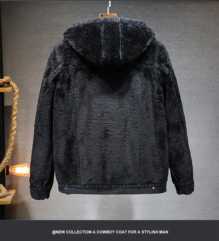 Thicker Winter Jacket Men Warmer Hooded Denim Lambswool Hooded and Padded Denim Jacket Imitation Lamb Wool Fleece Mens Clothes