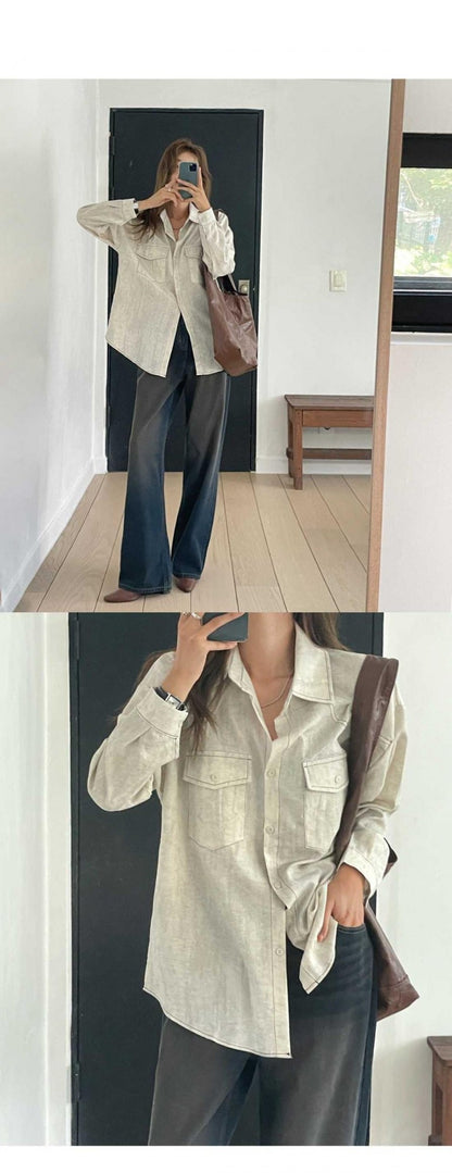 Loose Long Sleeve Casual Denim Shirt Korean Style Loose Fit Shoulder Casual Shirt Pure Color Shirt City Style Commute Shirt