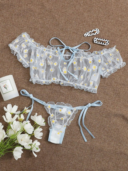2PCS Off Shoulder Lace Up Bikini Set Women Sweet Casual Short Sleeve Swimsuits Beachwear Bathing Suits Sexy Lingerie