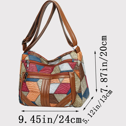 Women's  Crossbody Shoulder Bag, Lightweight Geometric Pattern, Multi-Layer Design, Secure Zipper Closure, Colorful Accessories