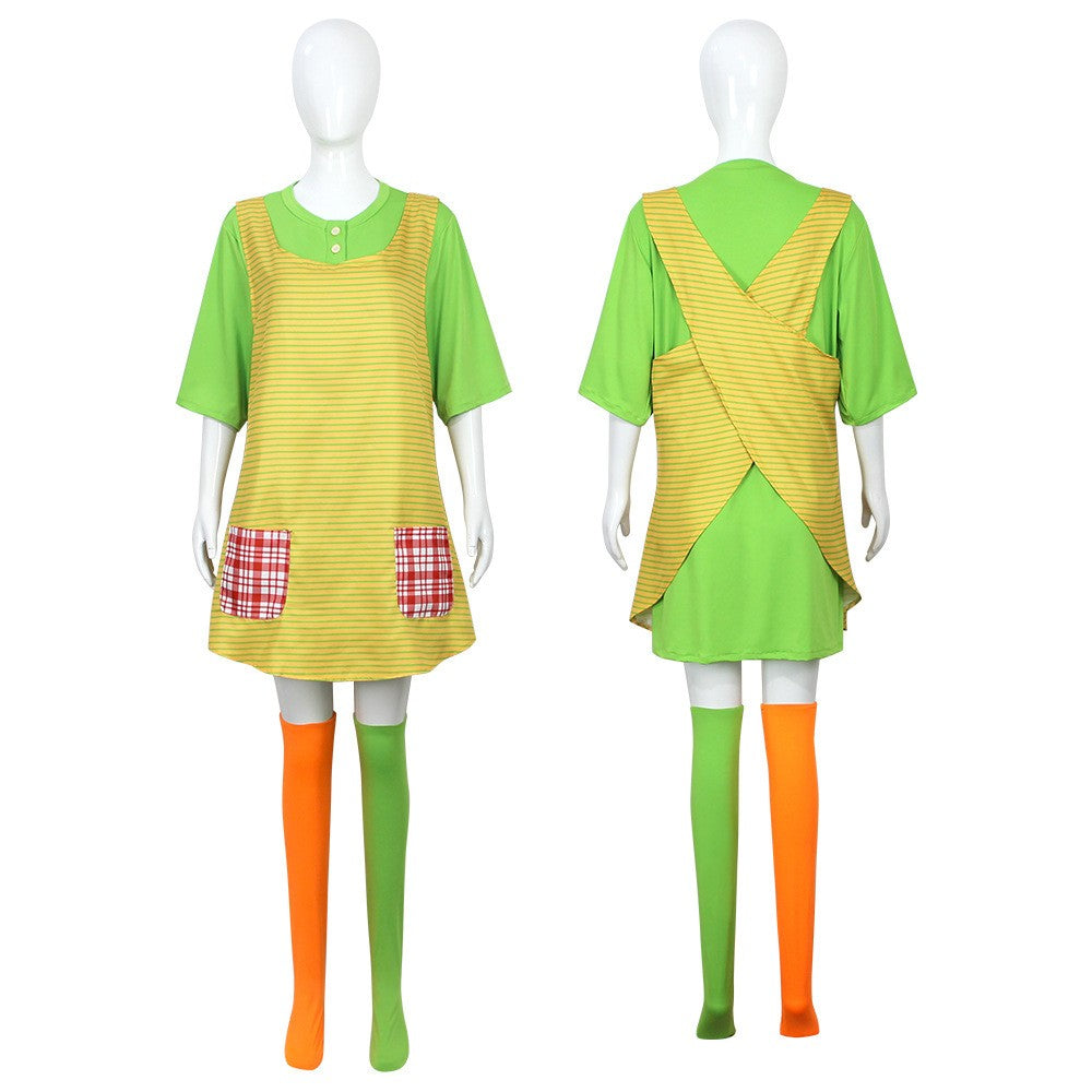 Pippi Longstocking Cosplay Costume Full Set Green T-Shirt Apron Colorful Stockings Halloween Book Character Outfit