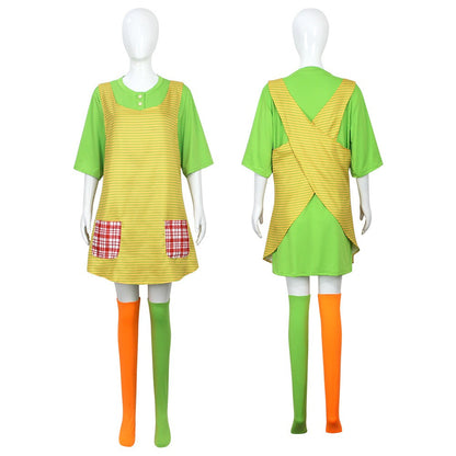 Pippi Longstocking Cosplay Costume Full Set Green T-Shirt Apron Colorful Stockings Halloween Book Character Outfit