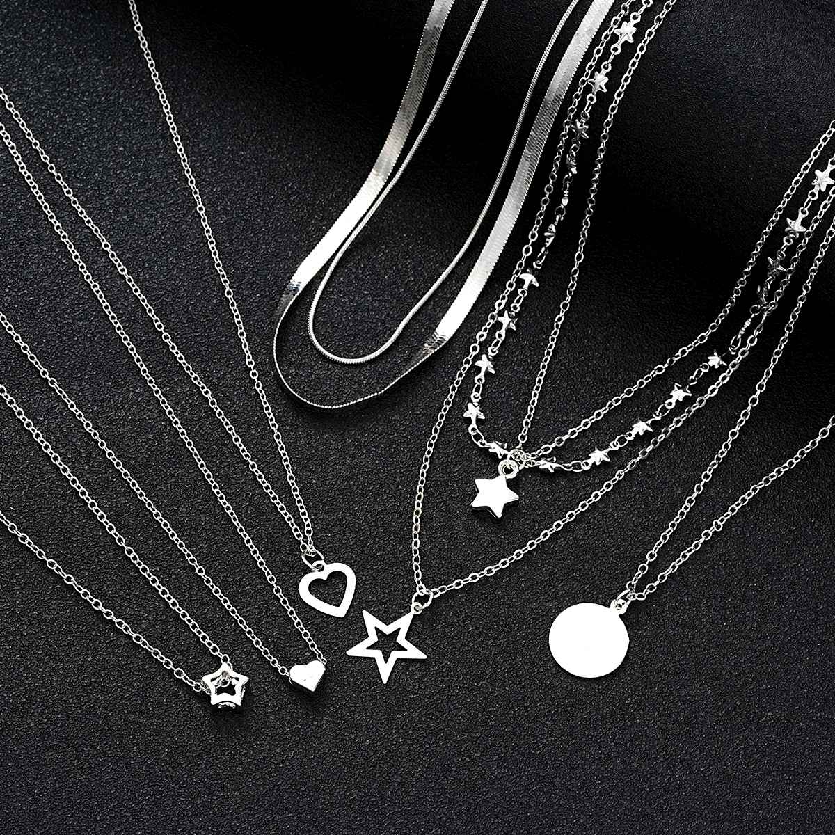 9 Peças Colares Simples Tipo Choker para Mulheres Moda Coração Amor Estrela Pingente Colar Camadas Joias Presente Europeu e Americano 2024