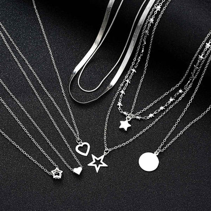 9 Peças Colares Simples Tipo Choker para Mulheres Moda Coração Amor Estrela Pingente Colar Camadas Joias Presente Europeu e Americano 2024