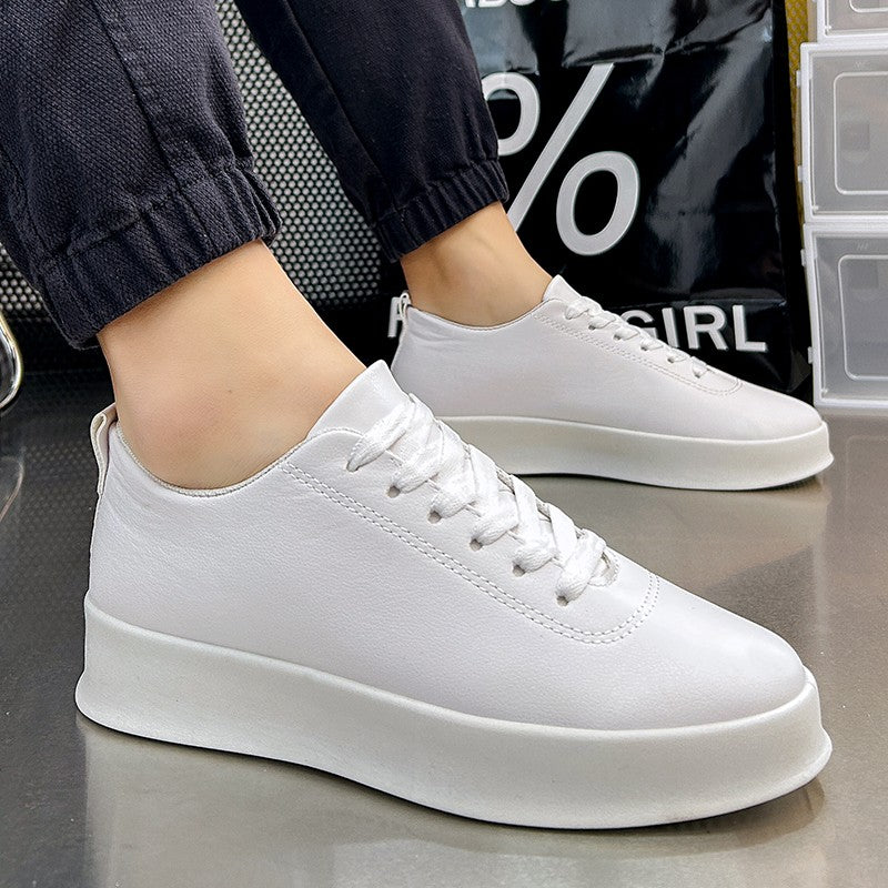 Fashion Thick Sole Black White Soft Men Leather Shoes Platform Men Casual Board Shoes Walking Sport Shoes Lightweight Work Shoes